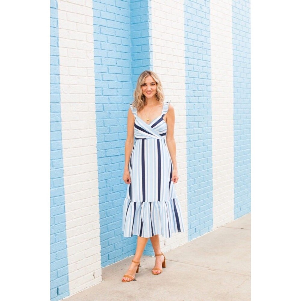 Draper James Blue Striped Midi Dress Spring Ruffle Sleeve Sz 10 Silk Blend
